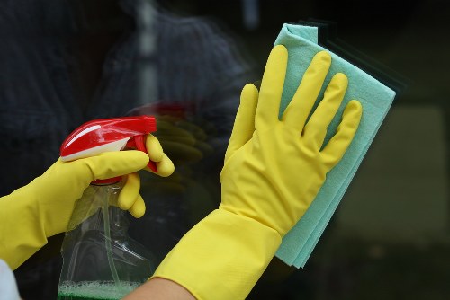 Cleaning professional preparing safe equipment with protective gloves