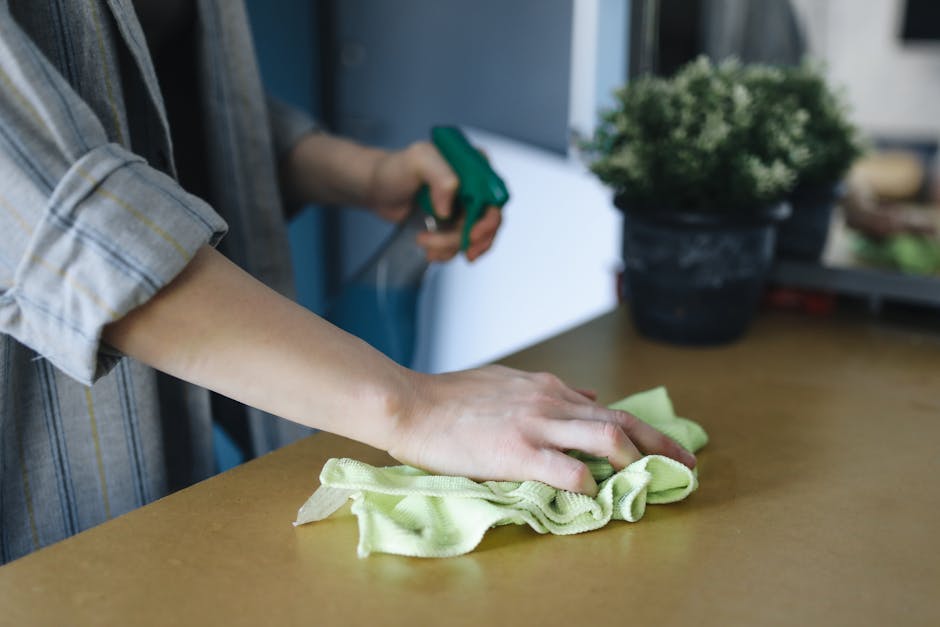 A person is engaged in surface cleaning on a wooden table, using a soft cloth to wipe and remove dust, with a spray bottle held in the other hand. The table appears smooth and clean, and there is natural light illuminating the workspace. In the background, a potted plant sits on the same table, adding greenery to the scene. The setting suggests a domestic environment, with tidy and well-maintained surfaces, reflecting the cleaning services provided by Cleaner Merton as part of their domestic cleaning and hygiene maintenance aimed at homes on Morden Hall Park Estate, MERTON.